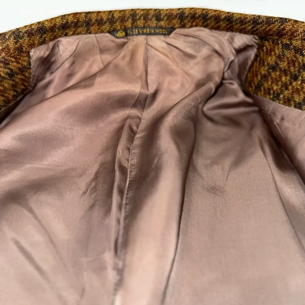 Vtg 70s Tweed Blazer Great Britain Luxury Brown Wool Houndstooth Sport Coat 41L